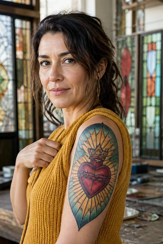 Red heart with crown above, outlined in black with stained-glass style color blocks around