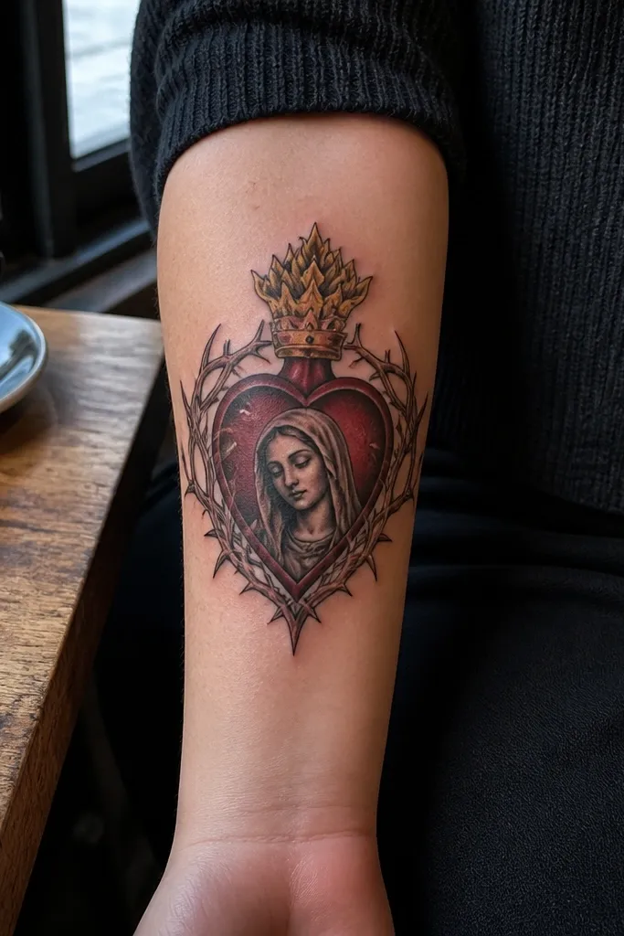 Red heart with crown and thorny vine frame wrapping around with small gold highlights