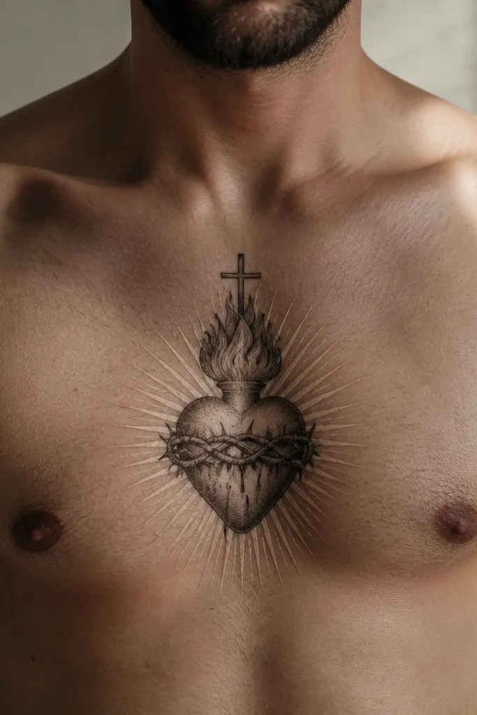 Small dark heart on the sternum with cream rays and soft light around it