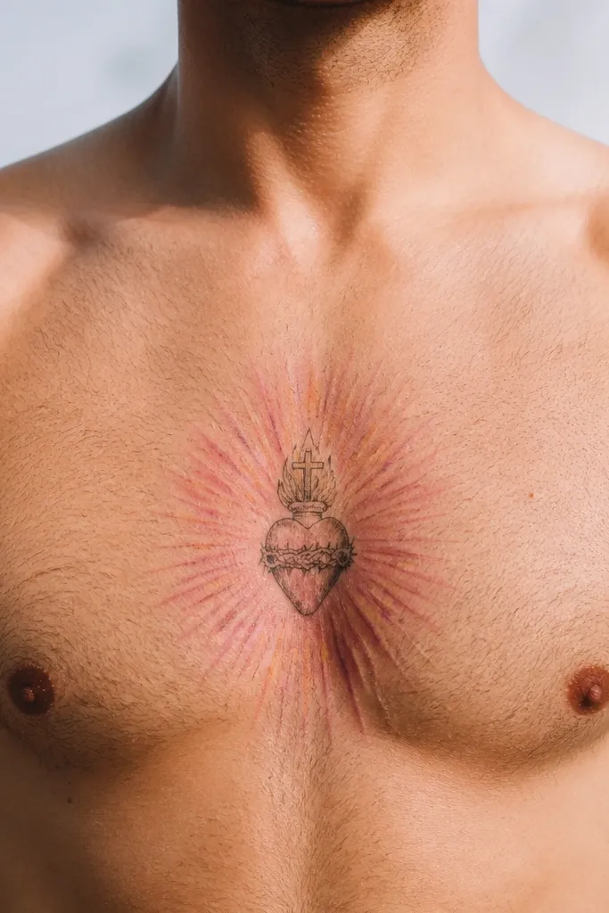 Blush watercolor sunburst around a dark heart on the chest