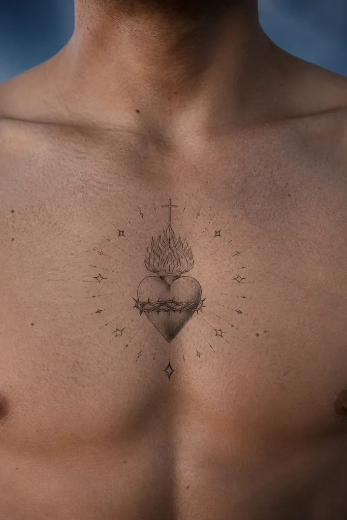Fine-line heart with small stars and thin rays on the sternum
