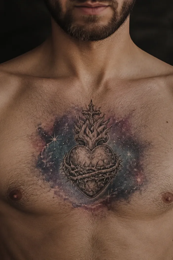 Dark heart with a dreamy purple-blue nebula halo on the chest