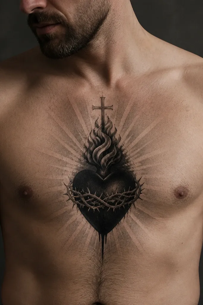 Black heart with subtle white halo glow on the sternum