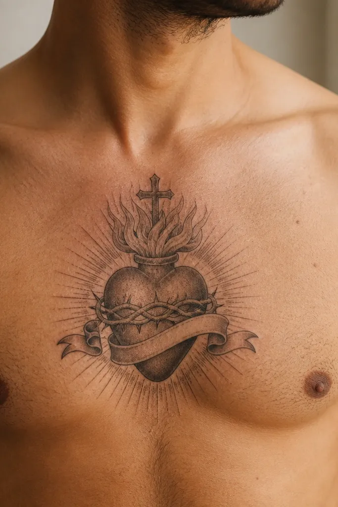 Centered heart with a thin ribbon banner below on the sternum