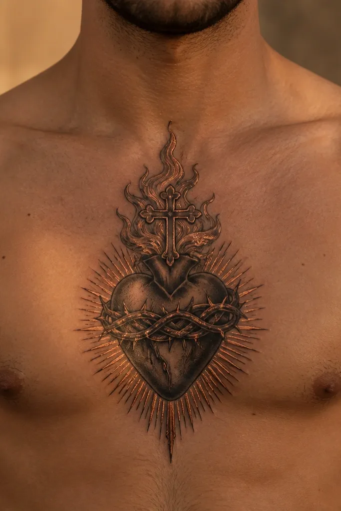 Dark heart with warm rose-gold highlights and a soft halo on the chest