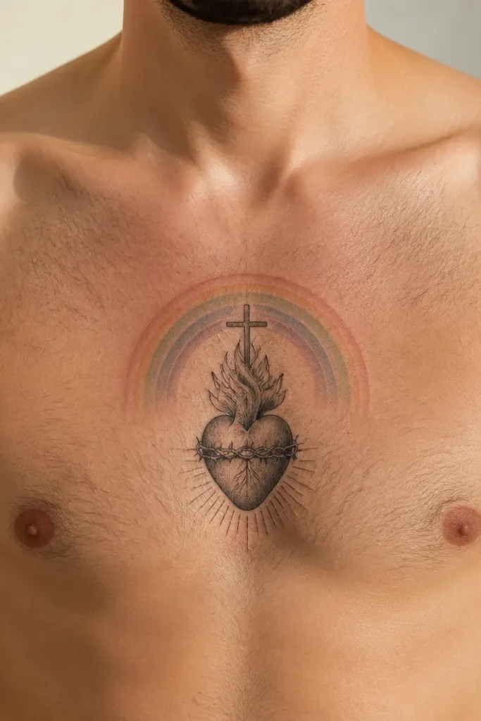 Dark heart with a muted rainbow arc halo on the sternum