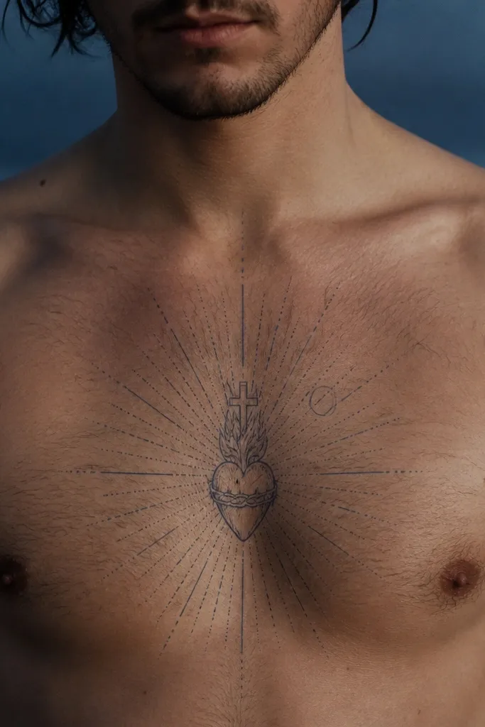 Centered heart with thin moonlit rays in gray-black on the chest