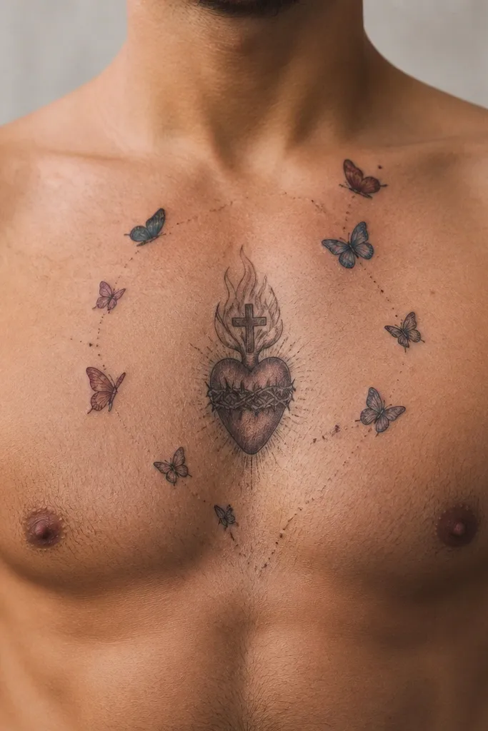 Dark heart with small butterfly shapes forming a halo on the sternum