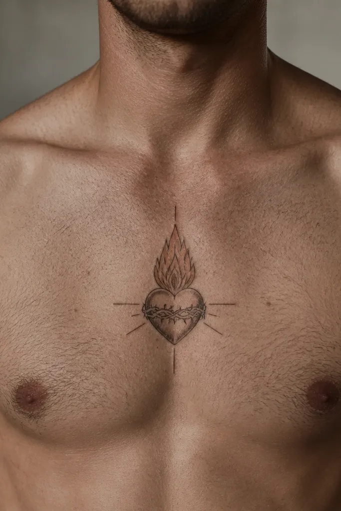 Centered heart with a softly glowing flame above and faint rays on the sternum