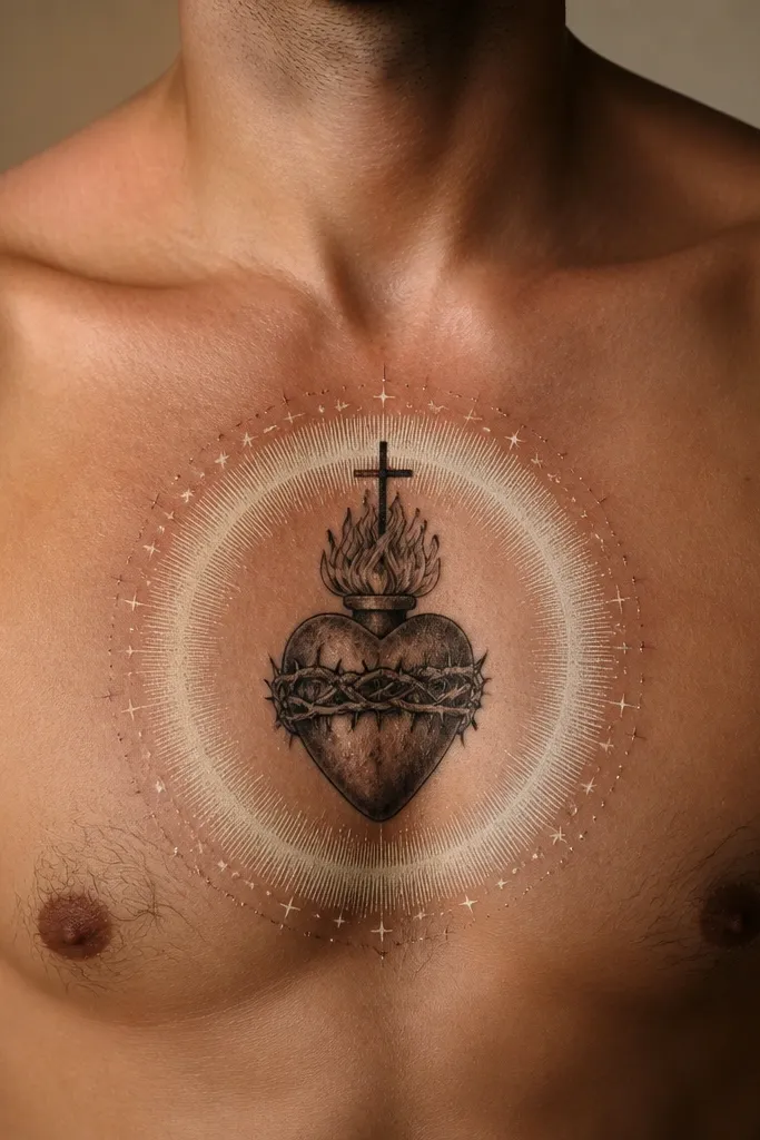 Dark heart with a thin pearly halo ring and tiny dot sparkles on the sternum