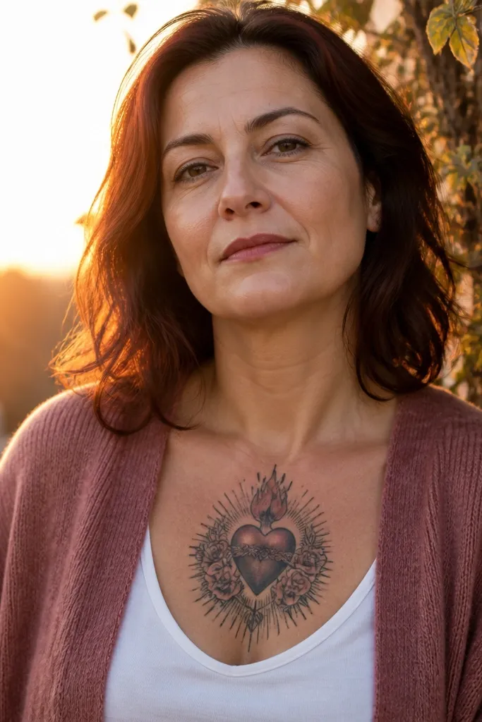 Sacred Heart Sternum Tattoos