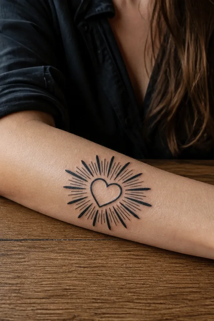 Blackwork Sacred Heart with halo rays and small crown details on skin