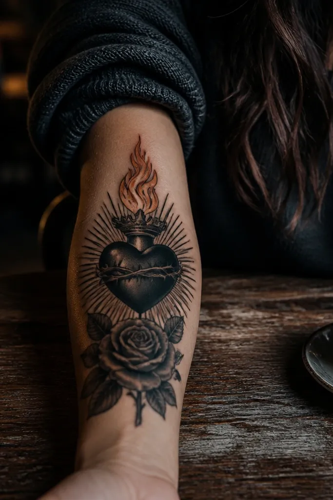 Sacred Heart with black rose and candle-like flame above
