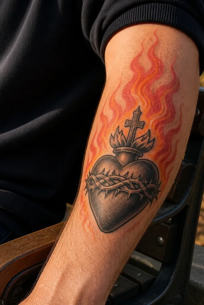 Sacred Heart with orange-red flame gradient rising from the top