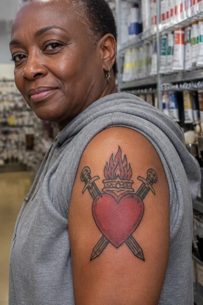Sacred Heart in front with two crossed swords behind and dark shading