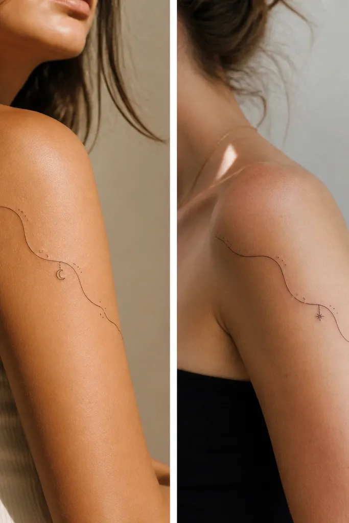 Two separate tattoos shown side-by-side: both have a flowing wave line starting at the shoulder and traveling to the outer upper arm. Person A has a small crescent charm at the midpoint, Person B has a tiny star at the midpoint. Linework is thin, with occasional micro dots along the wave.