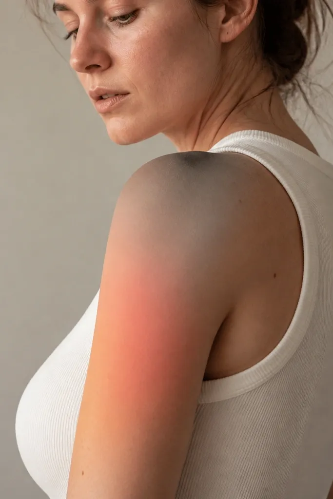 A gradient haze sits over the outer bicep: warm peach fades into muted coral, then into soft gray near the shoulder. There is no heavy outline, just a soft edge like smoke.