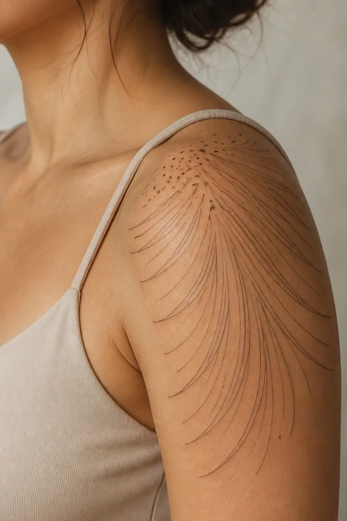 A fan of thin feather curves radiates from the outer shoulder toward the upper bicep. Each feather has minimal shading, and there are small black seed dots clustered between feathers near the top.