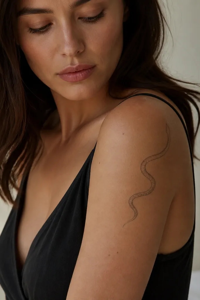 A thin serpent ribbon starts on the outer shoulder and coils slightly toward the outer bicep, then stops. The scales are implied with short line segments, and the body has a gentle S-curve.