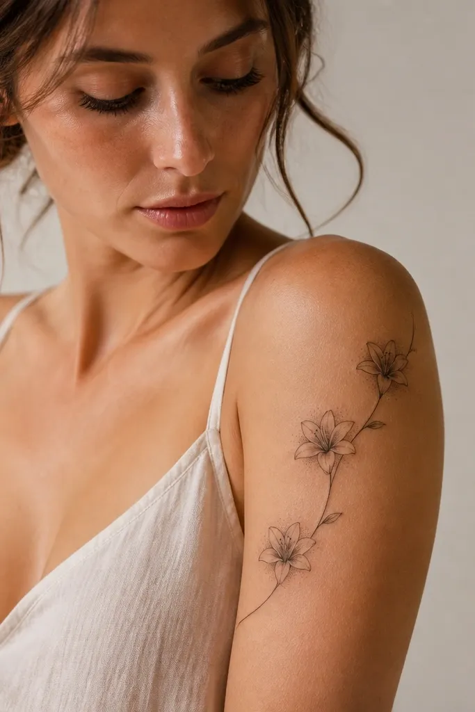 Three small lily blooms sit across the outer shoulder and upper bicep. A single curved stem line connects them, with tiny leaf cuts and micro dot shading around each bud.
