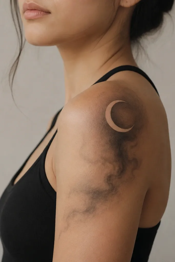 A clean geometric crescent sits on the outer shoulder. Around it, soft gray smoke shading fades outward in a half-moon shape toward the upper bicep.