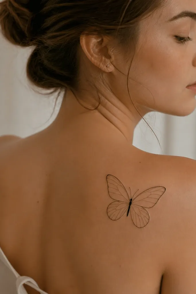 A butterfly sits mid-outer shoulder with wings made mostly from negative space. Fine-line veins trace the wings, and the body is a thin black line with a small dot at the thorax.