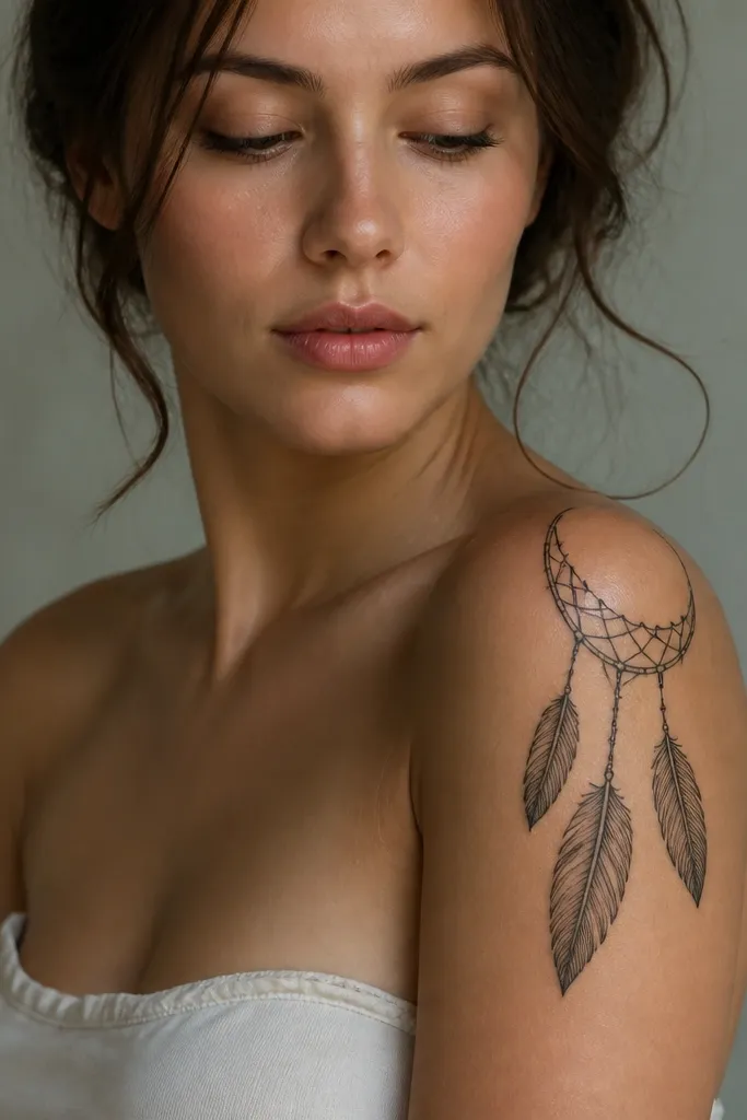 A single dreamcatcher loop sits on the outer shoulder. Instead of a full circle, it's an open loop, with 2-3 feather shapes hanging down toward the upper bicep. There are thin web lines inside the loop.