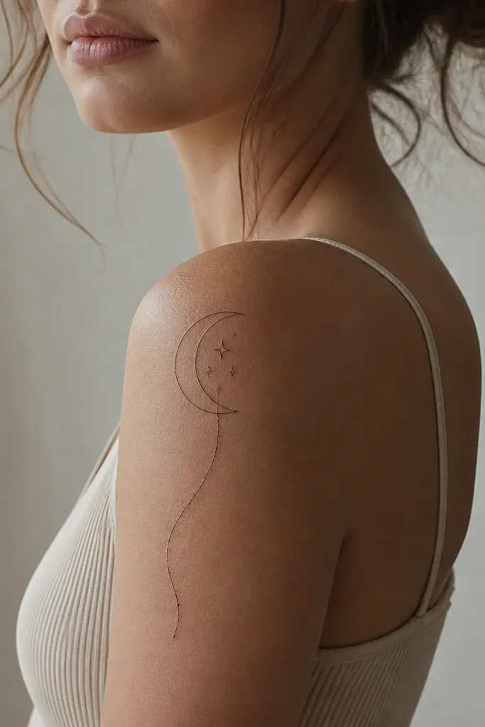 A half-moon outline sits on the outer shoulder, with a small cluster of stars inside. One thin line floats from the half-moon edge and drifts toward the upper bicep, with a few tiny dots along it.
