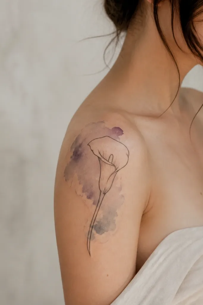A calla lily outline sits on the outer shoulder, with watercolor-style washes behind it in pale lavender and soft gray. The wash edges are feathered and irregular.