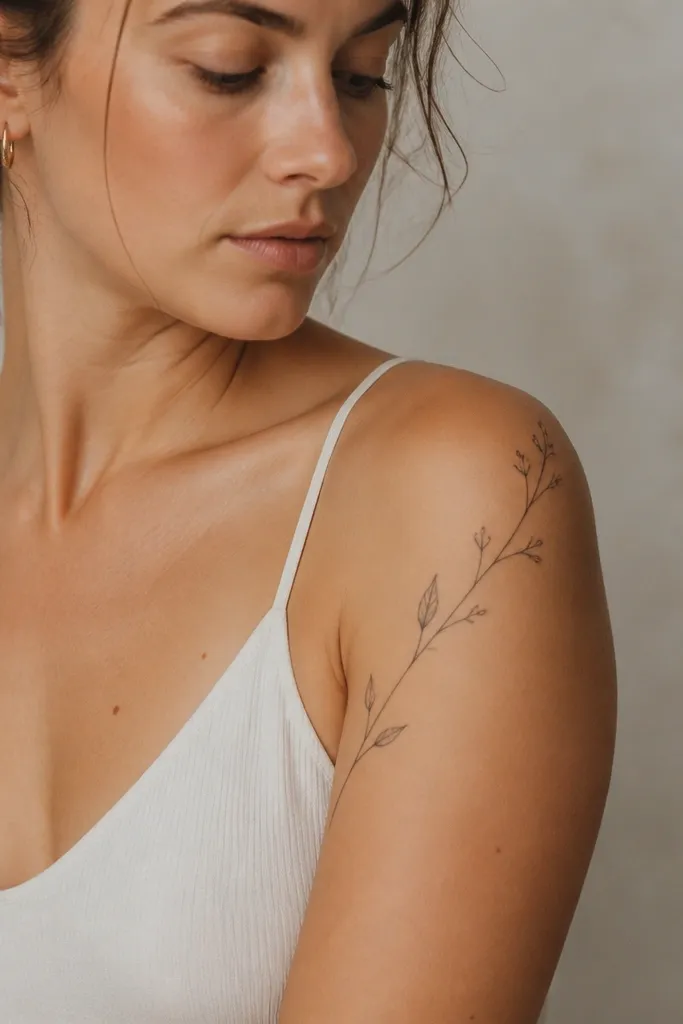 A thin vine climbs from the outer shoulder toward the upper bicep. Tiny buds dot the vine, and a couple of leaves are drawn as small, sharp teardrops. The design stays mostly above the armpit line.