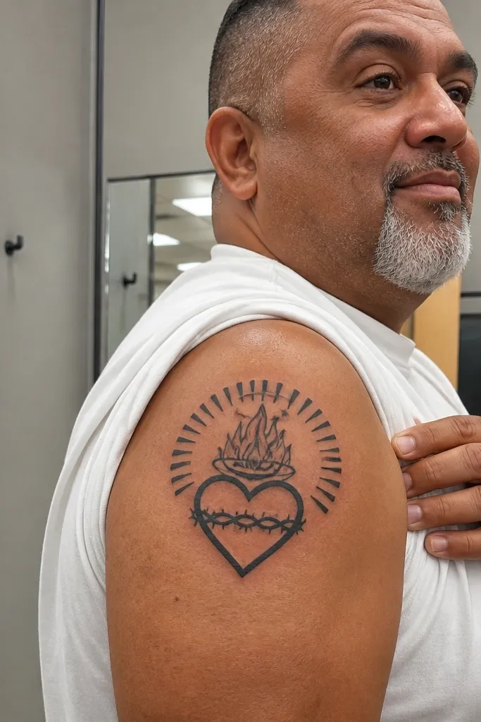Small heart with three flames and half-circle rays behind it