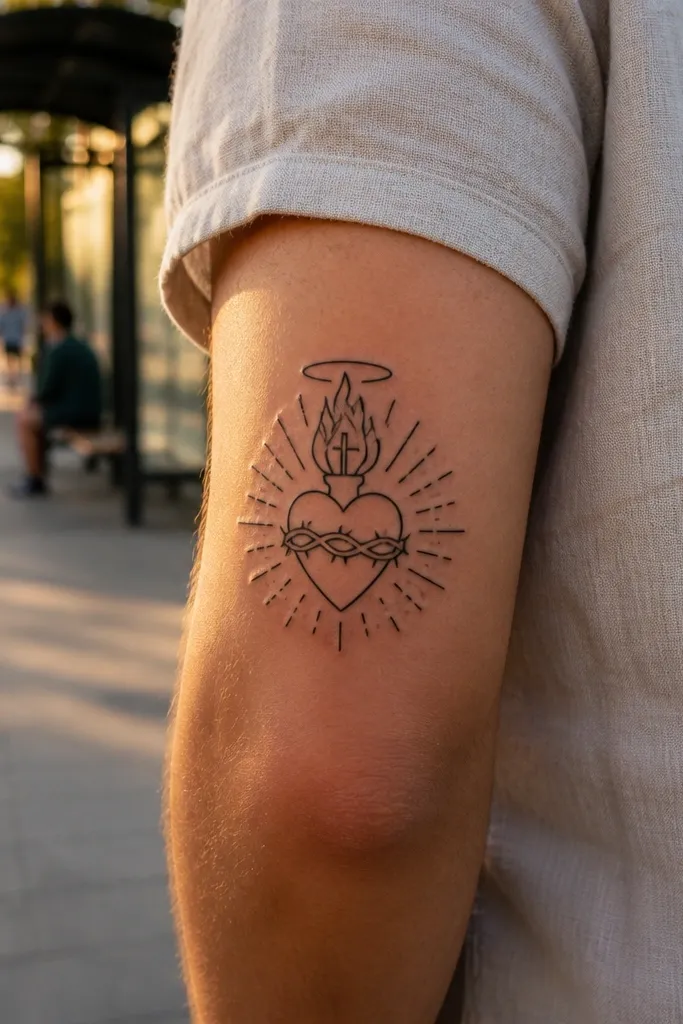 Small outline heart with three flames and short dash rays behind