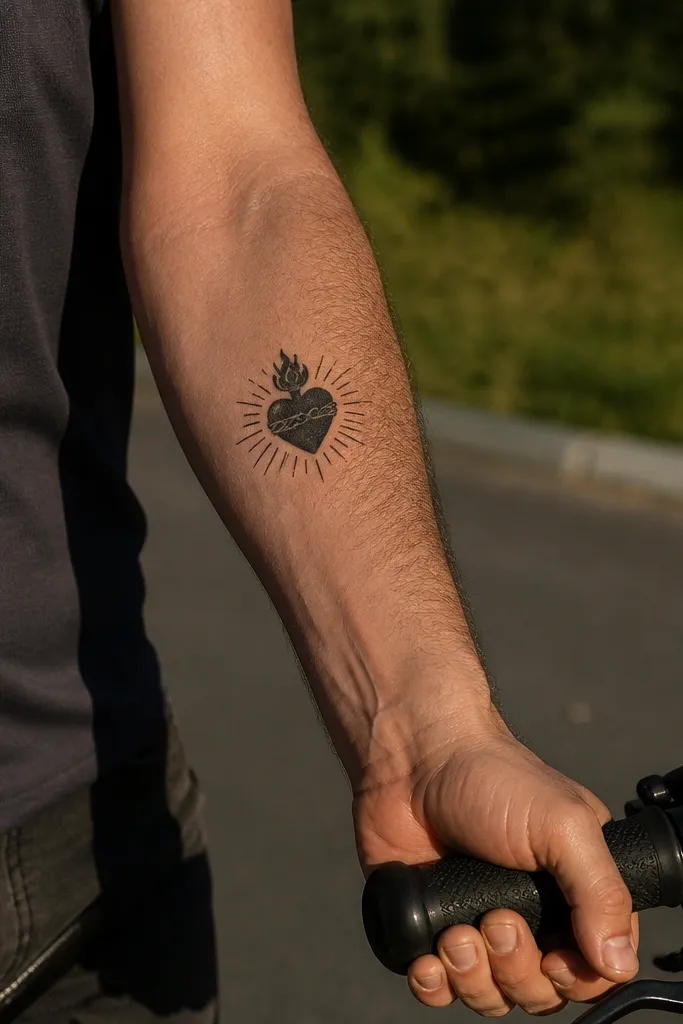Small heart with flames and straight rays radiating, no halo ring