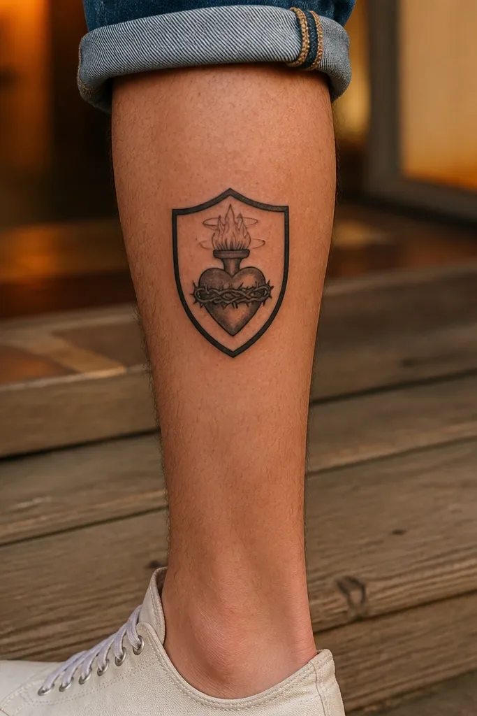 Small shield outline with heart inside, three flames, and a simple halo