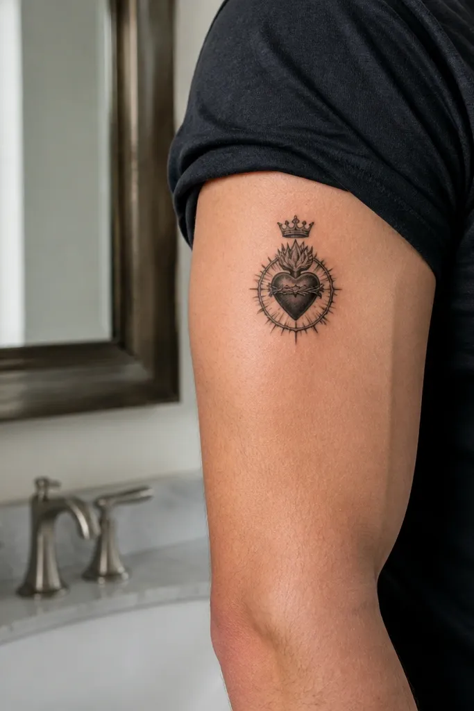 Small heart with halo ring and a tiny three-point crown