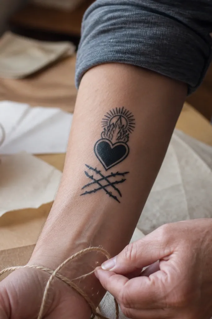 Small heart with three flames and crossed knot lines below