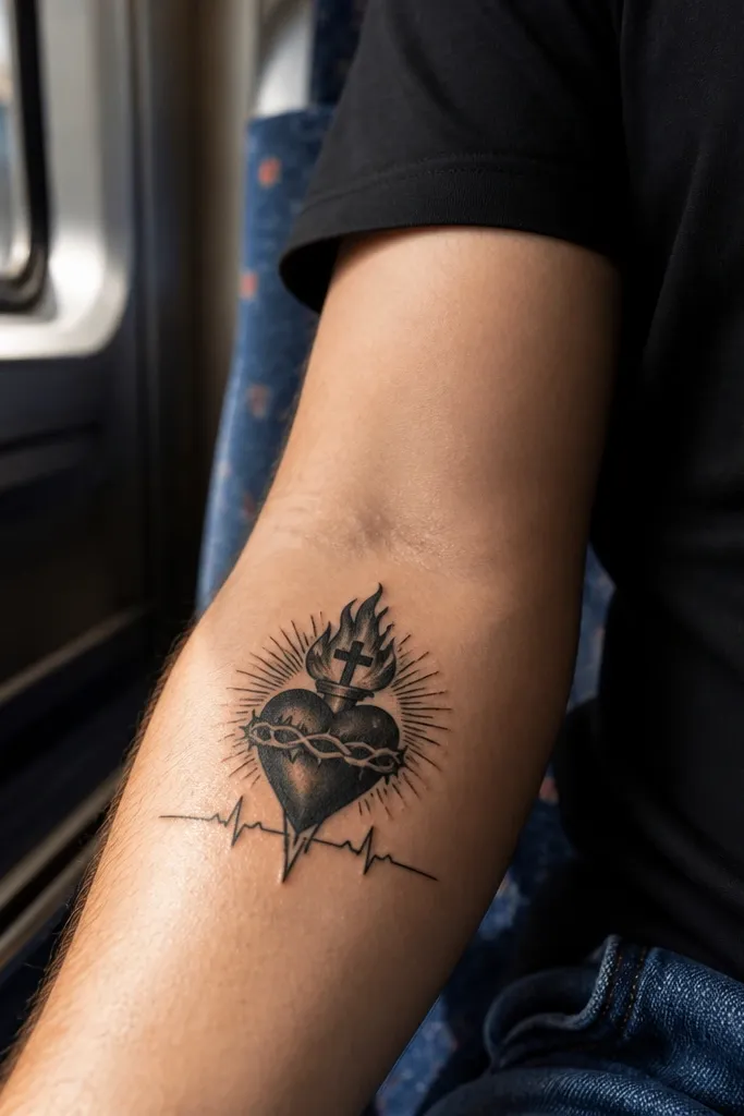 Small Sacred Heart with three flames, halo rays, and a thin pulse line beneath