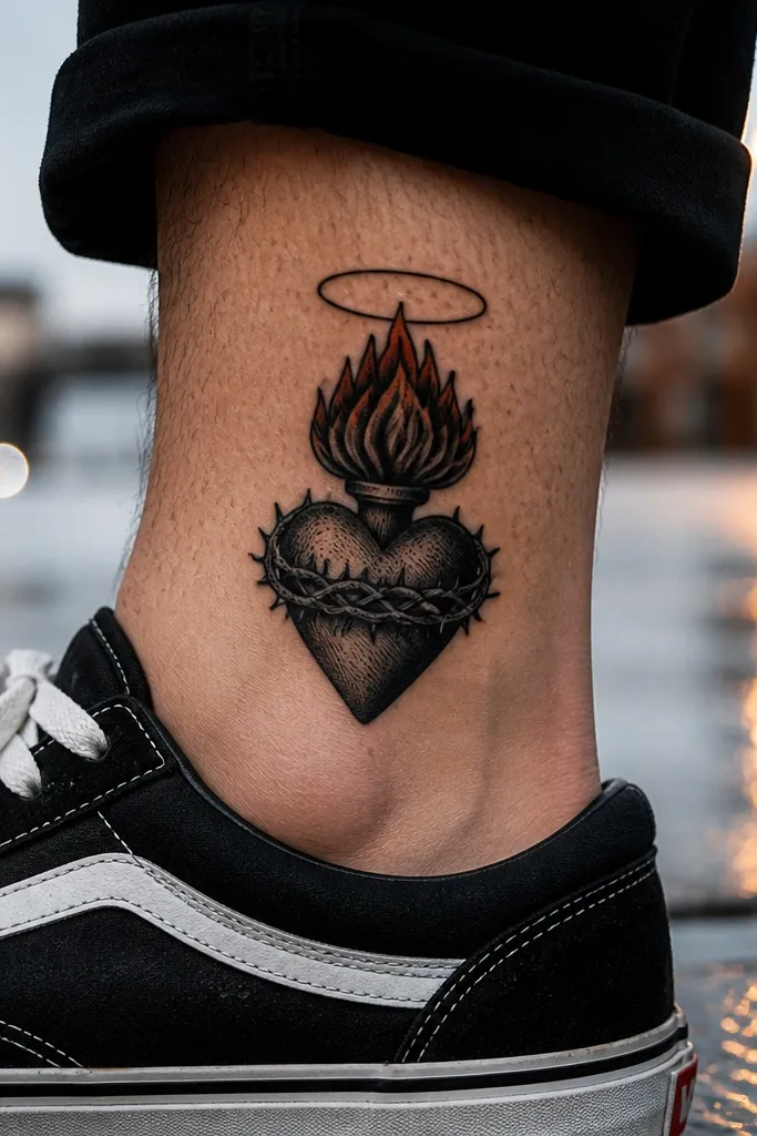 Small heart with halo ring and black flames with tiny red/orange tips