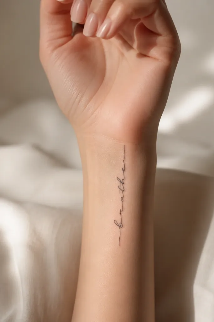 A delicate cursive name tattoo running vertically along the inner wrist bone, thin black ink, minimal loops, clean baseline.