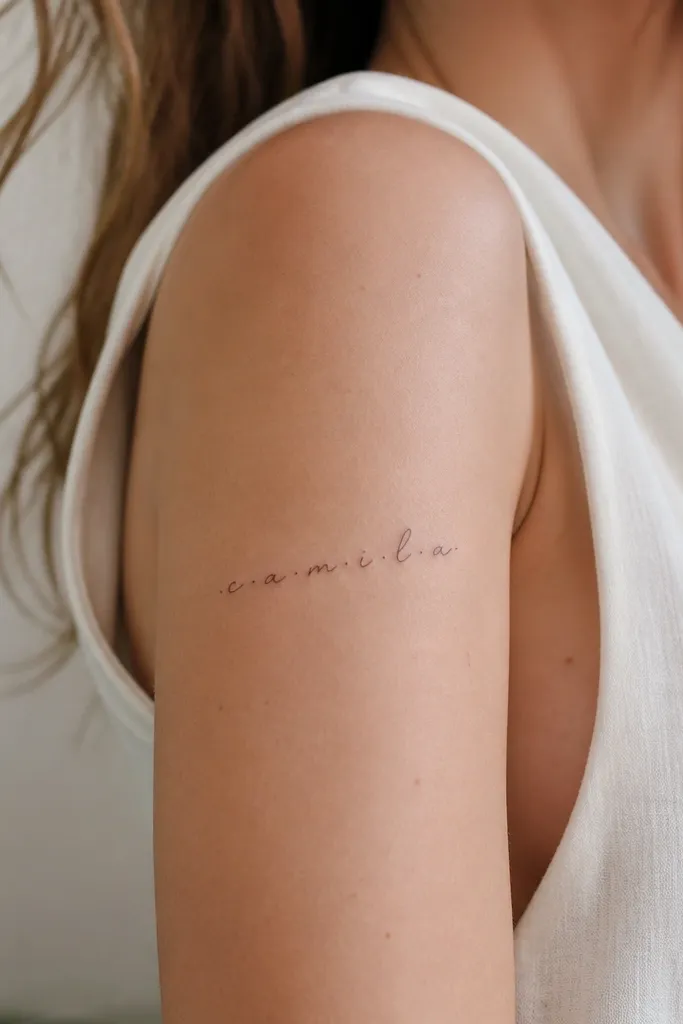 A small name in neat script with tiny black dots placed between certain letters, like micro separators, on the outer upper arm.