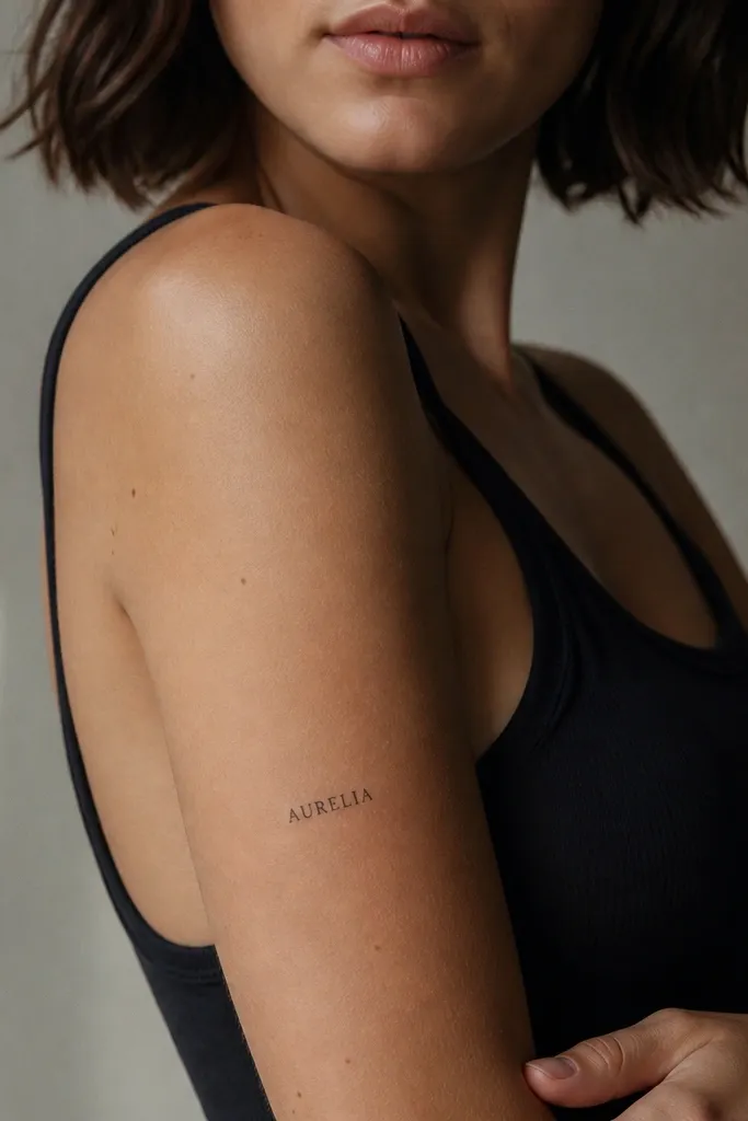 A small name in uppercase microcaps with thin serif tips, black ink, placed along the side of the upper arm.