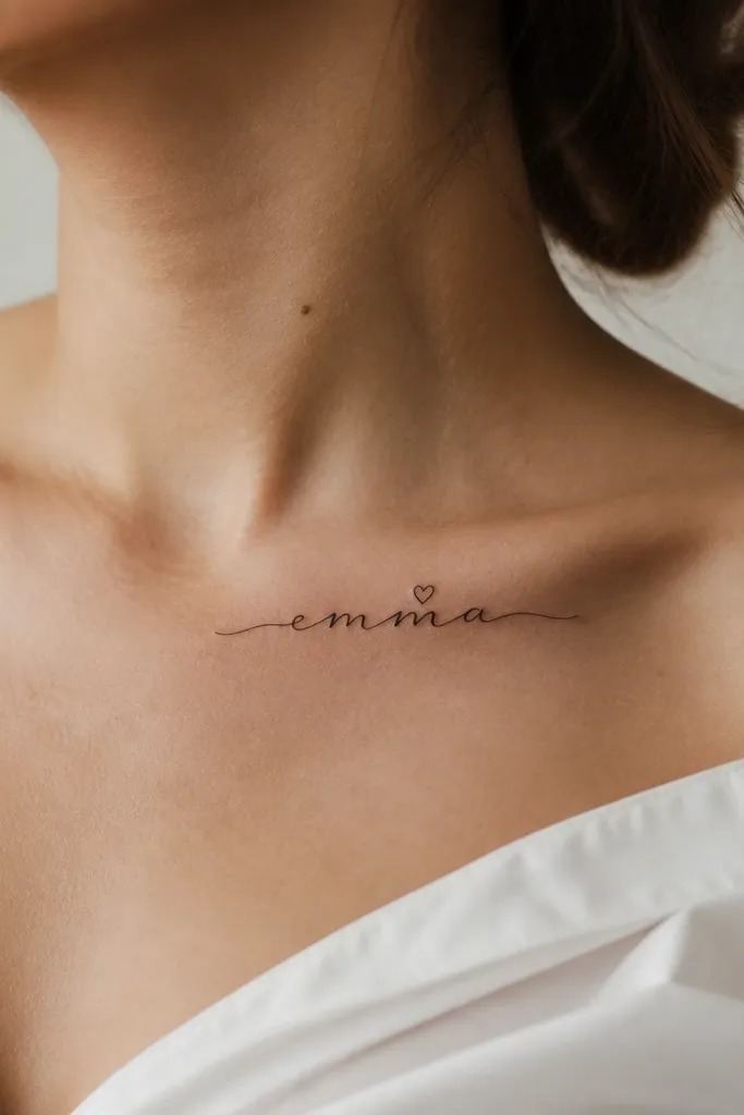 A fine-line cursive name in black ink with one small heart shape used as a dot near the middle of the word, on the collarbone area.