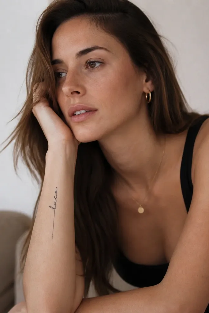 A small handwritten-style name in black ink with a straight downstroke tail at the end, placed vertically on the outer forearm.