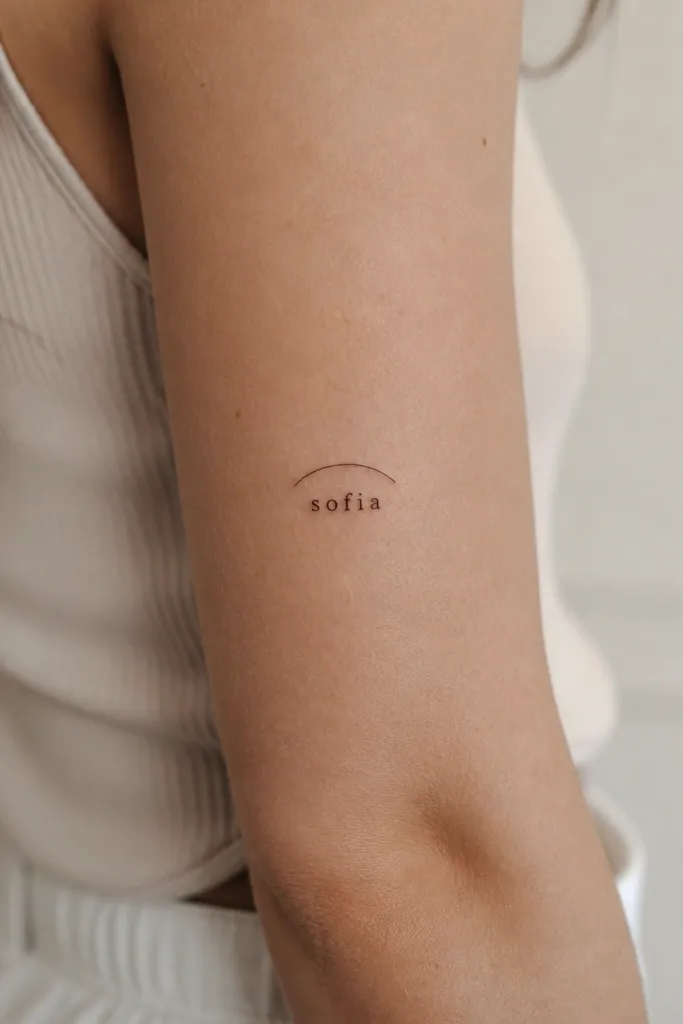 A small name in lowercase letters, black ink, with a thin curved arc line above the word, on the upper arm.