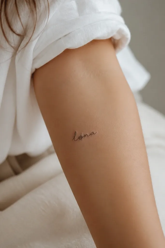 A small name in clean script where one specific letter has a minimal diagonal slash mark through it, black ink, on the inner forearm.