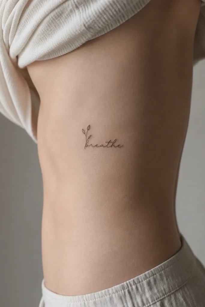 A small name in black script with one tiny stem sprouting from the first letter, minimal leaves, on the side of the ribs.