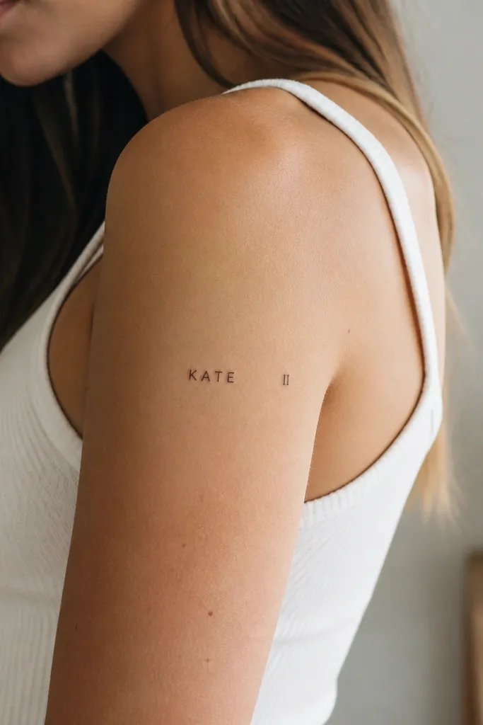 A small uppercase name in thin black letters with a tiny roman numeral placed to the side, like II or IV, on the outer upper arm.