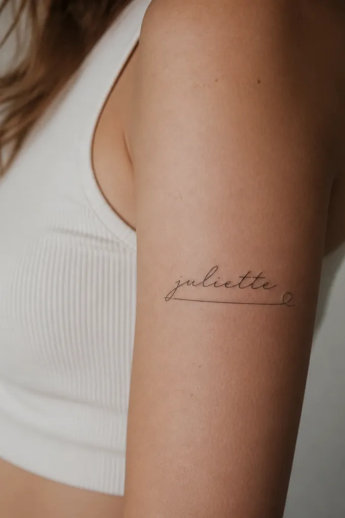 Fine-line cursive name in black ink with a thin underline that ends in a tiny loop at the right side, on the back of the upper arm.