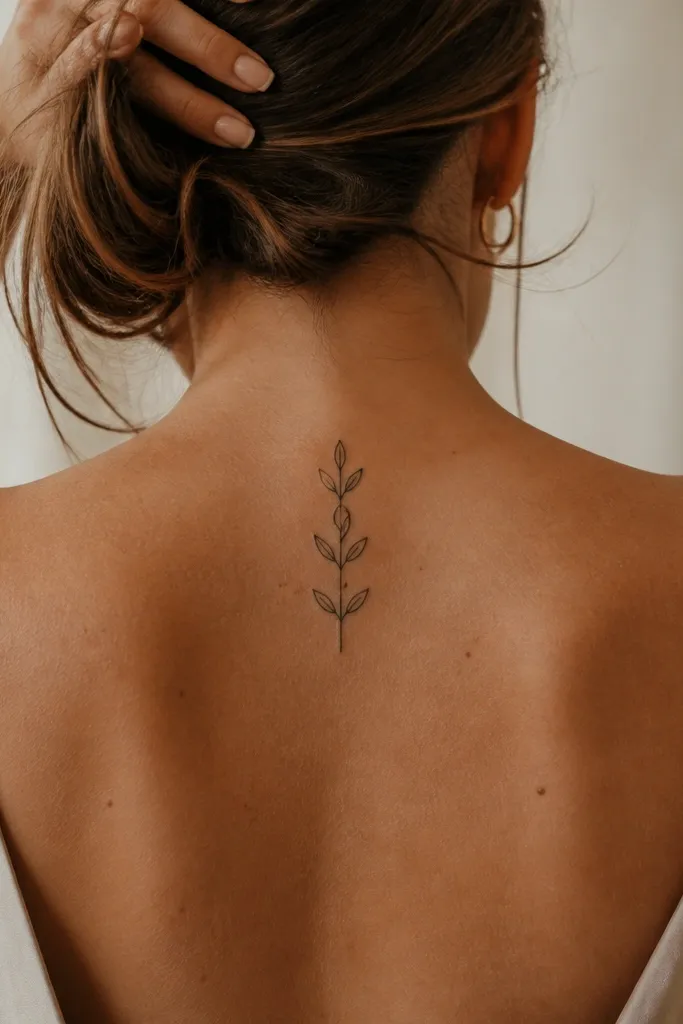 A small black-ink olive branch tattoo running vertically along the upper spine, starting near the base of the neck. It has a single thin stem with exactly three leaf pairs, each leaf outlined crisply with light internal shading, and a tiny negative-space gap between the top and middle leaves.