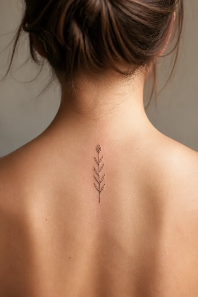 A vertical spine tattoo with a very small olive branch, only about 7 cm tall. The top has one tiny olive berry drawn as a dark teardrop with a small highlight, while the stem below holds two leaf pairs with minimal shading.